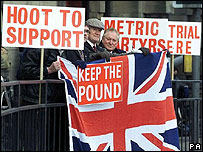 A group of people protesting against the introduction of metric system