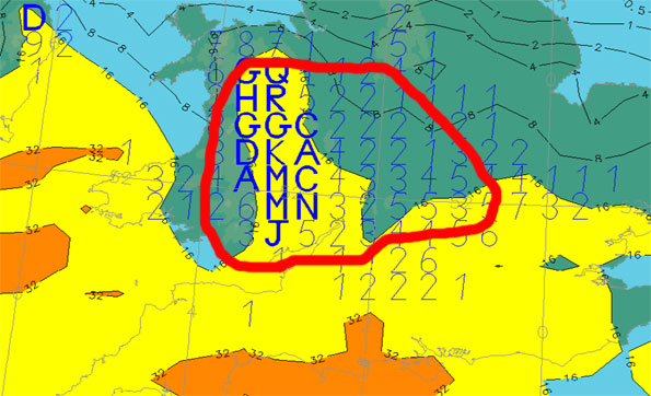 Met Office early expectations of rainfall and snowfall totals for Tuesday; likely focus for snowfall is highlighted in red