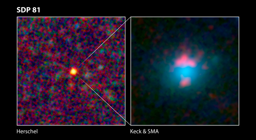 Two galaxies show the effect of gravitational lensing