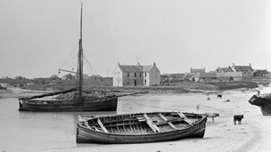 Black and white view of Scarinish, showing a curving, sandy bay in which an open-decked, single-masted boat and a smaller dinghy are moored. Another open decked boat lies beached in the foreground. A number of cows can be seen on the beach and there is a scattered collection of single and two-storey buildings in the background.