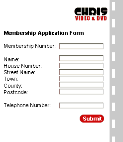 Chris's membership form showing: customer name, house number, street name, town, county, postcode, telephone number and membership number.