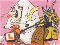 A cartoon of Grandad Piggott on a scooter