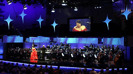 St Davids Hall showing Meeta Raval on the video screen. Photo © Brian Tarr