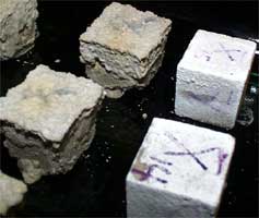 Limestone subjected to a sodium sulfate test. The stone on the right has been treated with a polymer solution and remains undamaged.