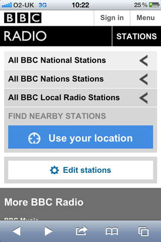 screengrab of /radio homepage with options for National, Nations, and Local stations, along with a choice to use your location