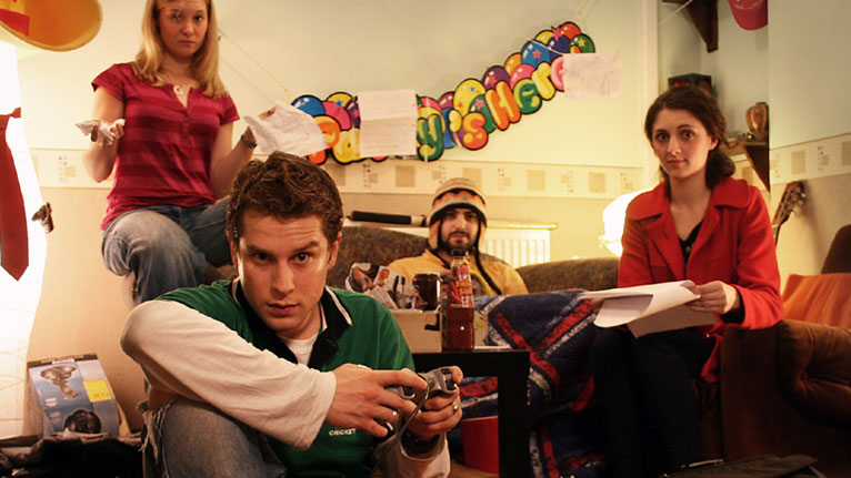 Big Font. Large Spacing actors, from left to right: Amy Morgan (Sarah), James Kristian (Tom), Gareth Aldon (Steve) and Kimberley Wintle (Debbie).