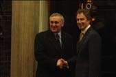 Image of Prime Minister Tony Blair shaking hands with Taoiseach Bertie Ahern on the front step of 10 Downing Street
