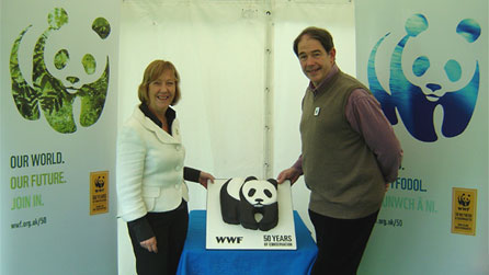 Head of WWF Cymru Anne Meikle with Jonathon Porritt at the Hay Festival.