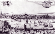 line drawing of London river scene, 1616