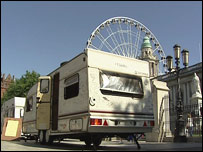 Travellers' caravans outside Belfast City Hall