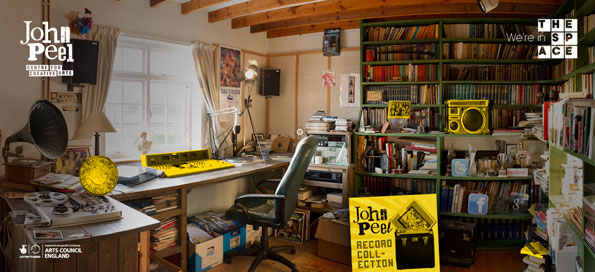 A messy home studio, with different objects on the shelves highlighted in yellow. Logos for 
