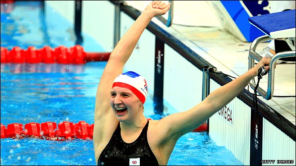 Rebecca Adlington celebrates Olympic gold