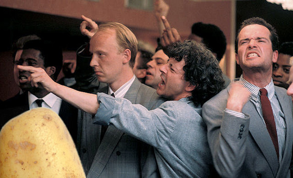 An angry mob... and a potato.