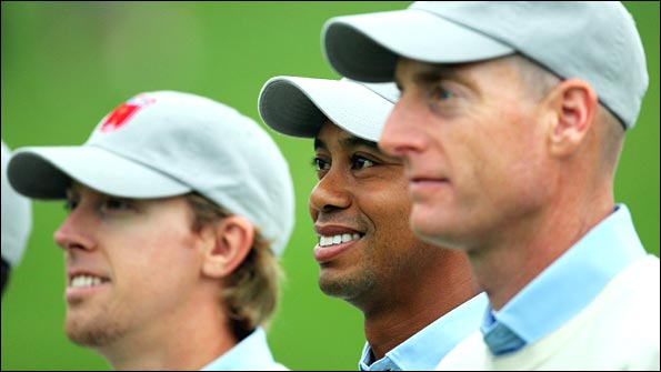 Hunter Mahan, Tiger Woods, Jim Furyk at the Team USA photocall before the Ryder Cup