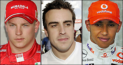 De izq. a der.: Raikkonen, Alonso, Hamilton