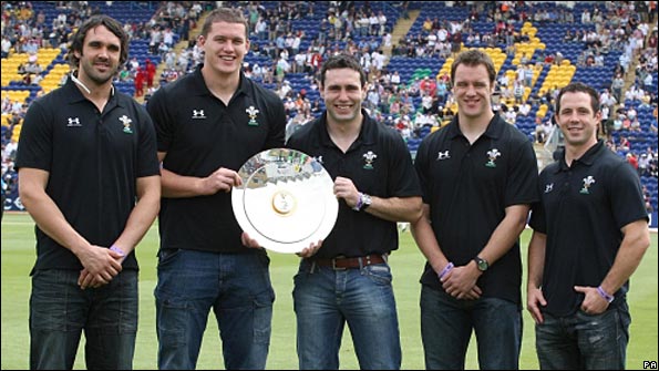 Wales and Lions rugby stars Jonathan Thomas, Ian Evans, Stephen Jones, Mark Jones and Gareth Cooper at the first Test