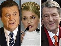 Cei trei lideri ucraineni: Viktor Ianukovici, Iulia Timoşenko şi preşedintele Viktor Iuşcenko