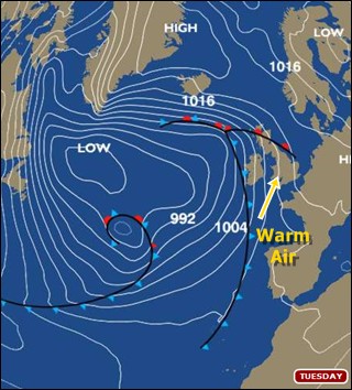 Tuesday's synoptic chart shows the British Isles within a broad warm sector of very mild tropical maritime air