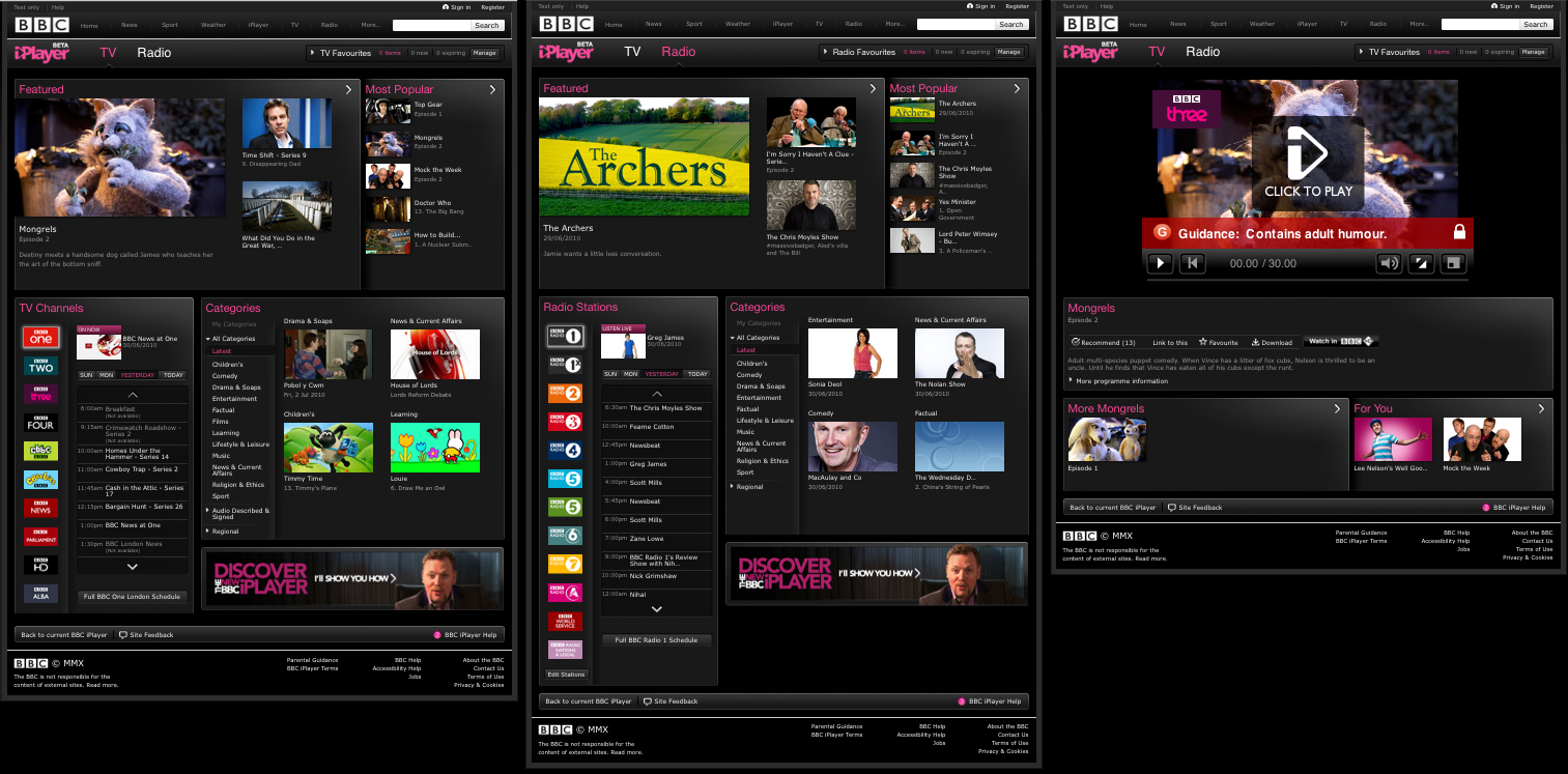 Screenshot of the new iPlayer key pages