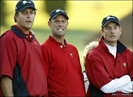 The spine of the US Ryder Cup team: Phil Mickelson (left), Stewart Cink (centre) and Jim Fury