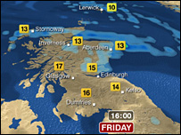 Weather map showing temperatures in Scotland