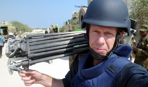 Andrew Harding wearing a flak jacket in Mogadishu