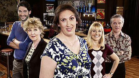 Miranda: (l-r) Gary (Tom Ellis), Penny (Patricia Hodge), Miranda Hart, Stevie (Sarah Hadland), Clive (James Holmes) (image: BBC/Adam Lawrence)