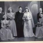 Monday 10 August 1942. The wedding of William Acton and Mary Nulty, St Nicholas’ Church, Whitehaven, Cumbria. Seated: Marjorie Noble (left), Vera Nulty (right). Standing (left to right): Joseph Acton, Elizabeth Walsh, William Acton, Mary Nulty, William Fisher. The Reverend C.E. Nurse conducted the wedding.