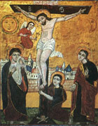 Coptic religious painting of Jesus hanging on the cross with women, angels, the sun and the moon surrounding him