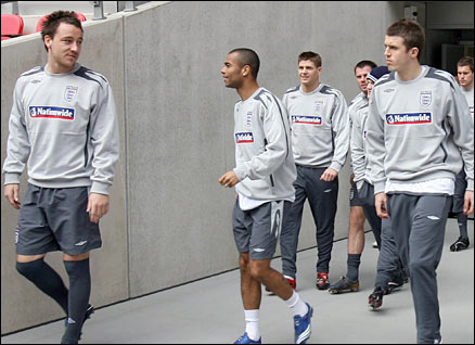 Captain John Terry leads the England team onto the Wembley pitch for the first time