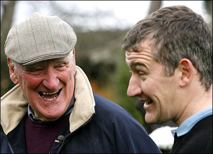 Donald McCain (right) speaks with his father Donald 'Ginger', at his Stables in Cheshire