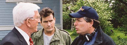 David Zucker, right, with Leslie Nielsen and Charlie Sheen