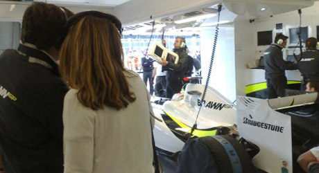 Victoria in the Brawn GP garage