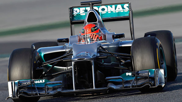 Michael Schumacher drives the new Mercedes W03 during testing in Barcelona on 21 February