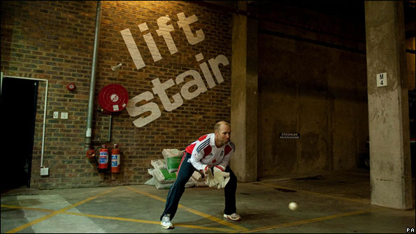 Matt Prior practises his wicketkeeping in an underground car park