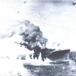 Part of a painting depicting the attack on HMS Foylebank. Picture reproduced from Ron Walsh's book In the Company of Heroes