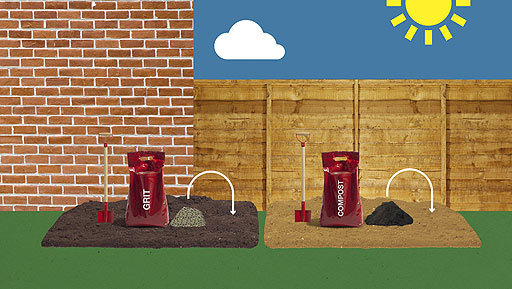 Clay soil with horticultural grit ready to be added, sandy soil with compost about to be dug in.