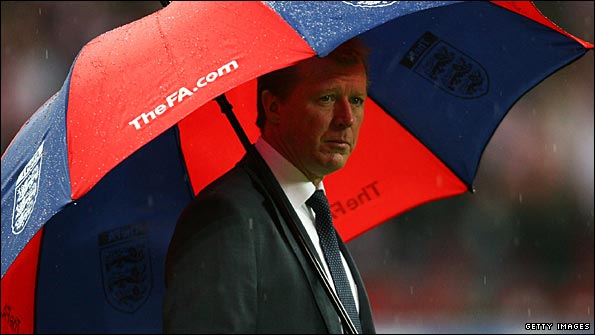 Steve McClaren takes refuge under his umbrella as England blow their chances of qualifying for Euro 2008
