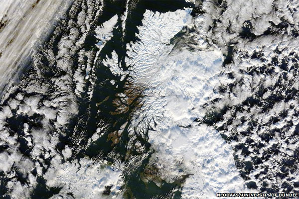 Satellite image of Scotland covered in snow