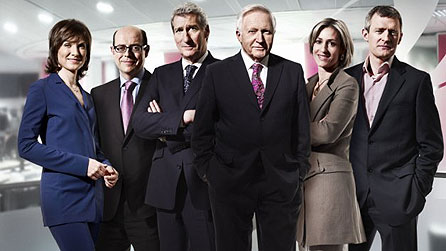 General Election 2010 BBC presenting team, l-r: Fiona Bruce, Nick Robinson, Jeremy Paxman, David Dimbleby, Emily Maitlis, Jeremy Vine