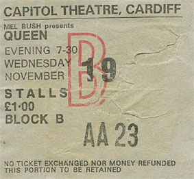 Ticket for Queen at Cardiff's Capitol Theatre, 1975
