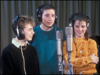 Ruth Carraway, Lee McDonald, and Lisa York during the recording of the song for the Just Say No Campaign in 1986. All are characters from the show Grange Hill. MacDonald's character Zammo becomes a heroin addict and from this the cast made a recording to help children become aware of the dangers of drugs.