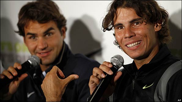 Roger Federer and Rafael Nadal share a joke