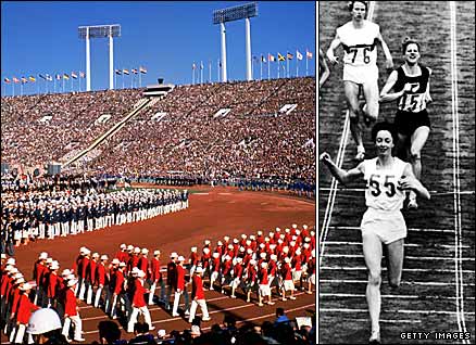 Opening ceremony of Tokyo Olympics (left) and British runner Ann Packer