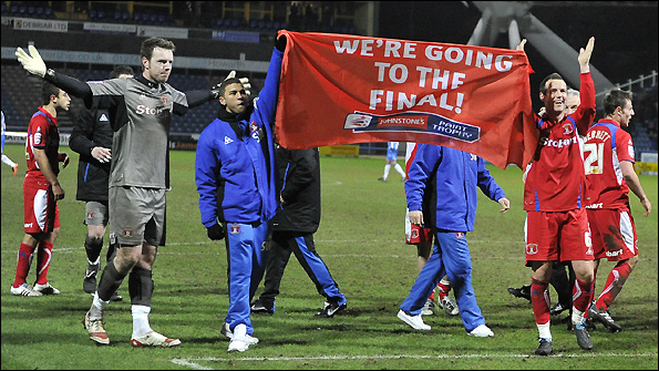 Carlisle celebrate their semi-final victory over Huddersfield in the 2011 Johnstone's Paint Trophy.