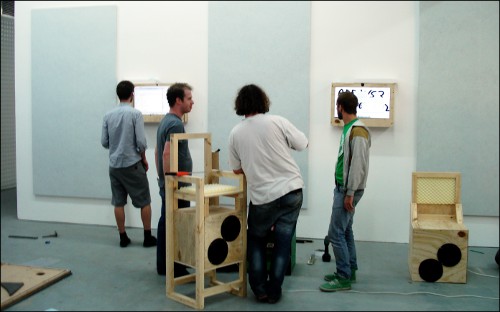 Custom speaker enclosures as well as screens are assembled for the installation