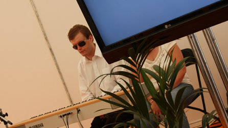 Amazing blind pianist, Derek Paravacini, is the house band on the live Ouch talk show