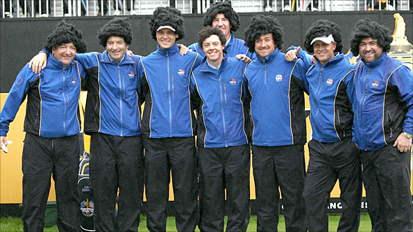 The European Ryder Cup players display their Rory McIlroy wigs