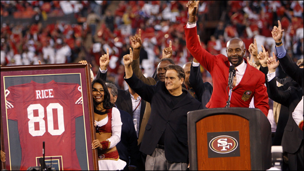 Rice had his number 80 jersey retired by the 49ers in September. Photo: Reuters