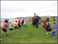 The lifeboat being pulled along the Links